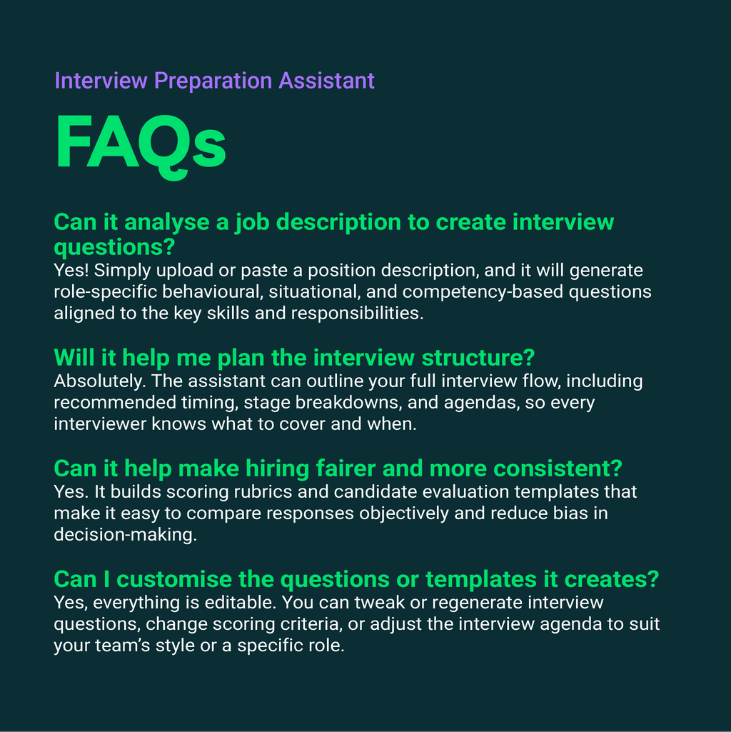 FAQs about an interview preparation assistant on a dark background