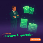 Illustration of a man in a suit with interview preparation icons on a dark background