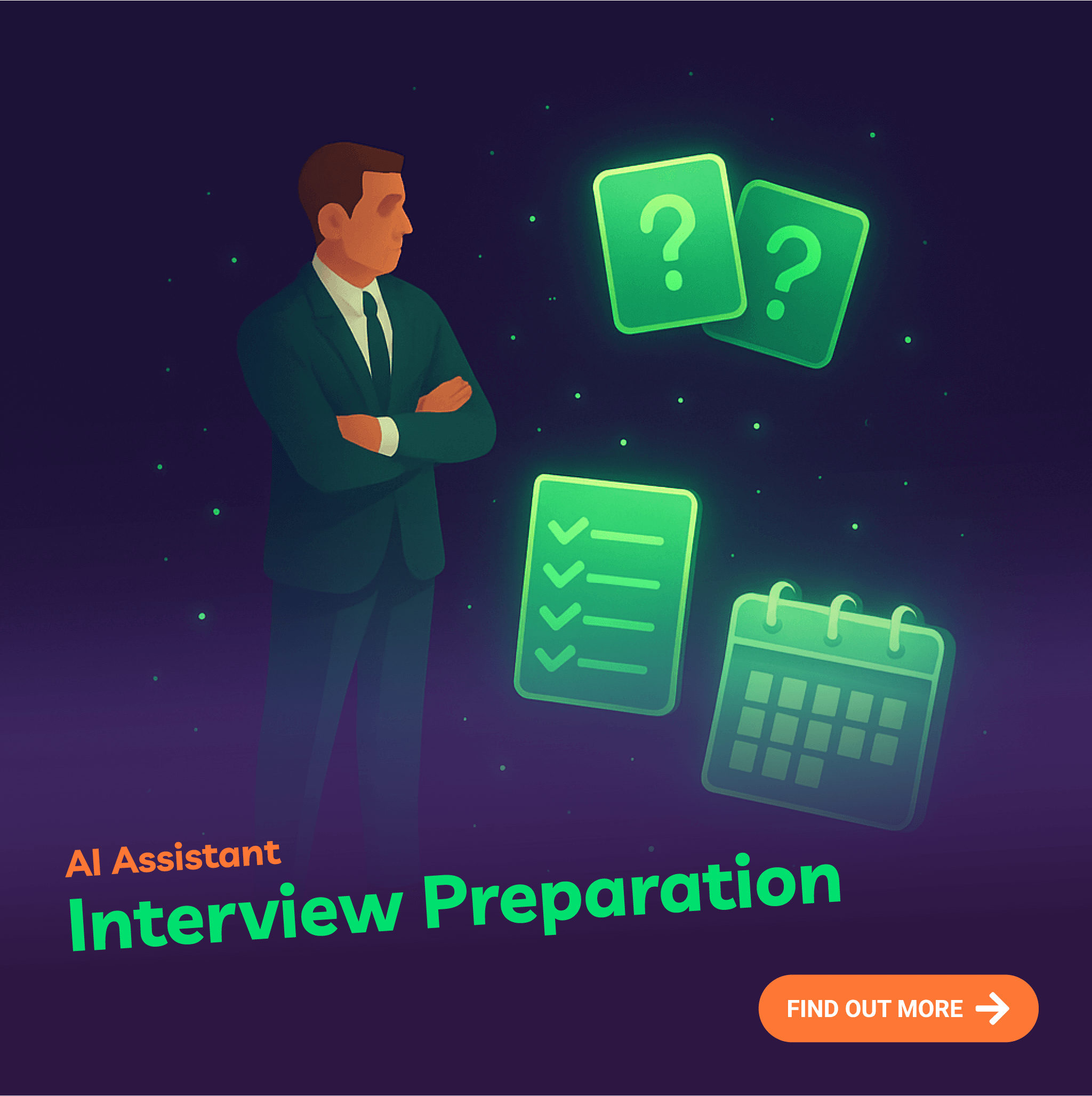 Illustration of a man in a suit with interview preparation icons on a dark background