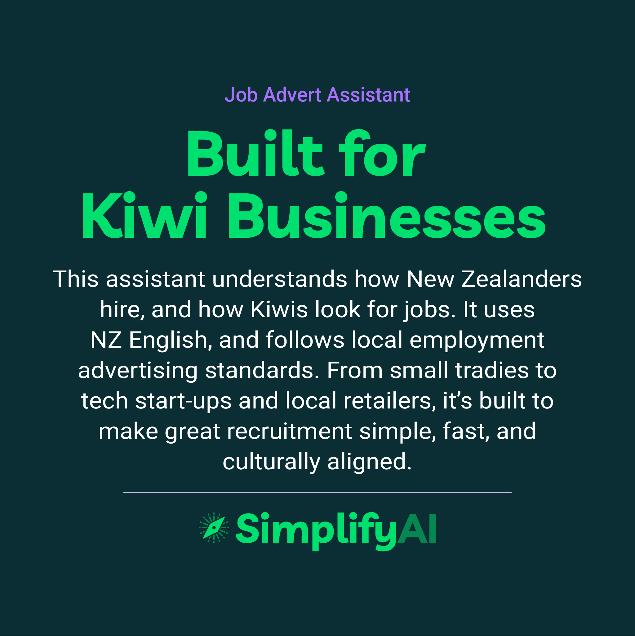 Promotional text for SimplifyAI's job advert assistant on a dark green background