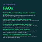 FAQs about a job advert assistant on a dark background