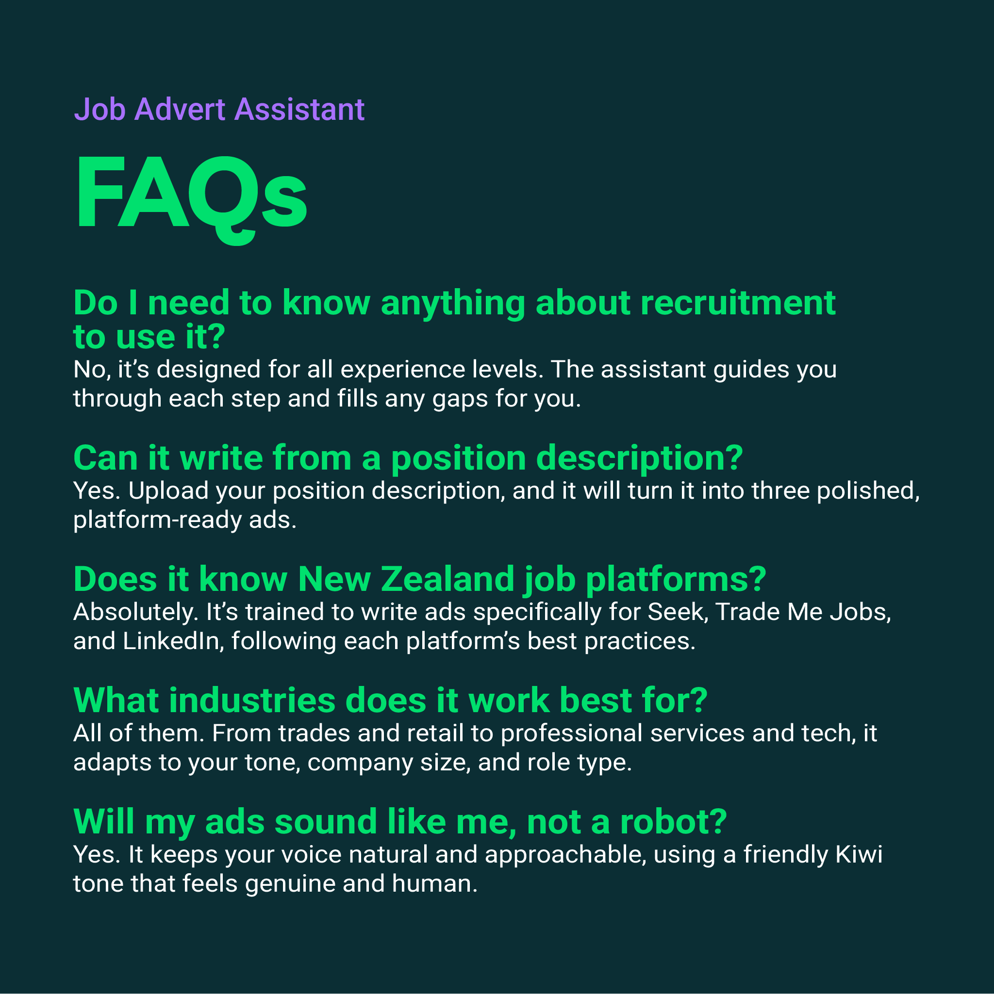 FAQs about a job advert assistant on a dark background