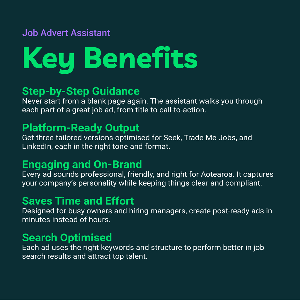 Key benefits of a Job Advert Assistant on a dark background