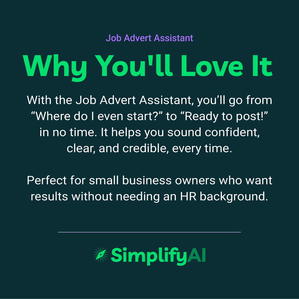 Promotional text for Job Advert Assistant by SimplifyAI on a dark green background
