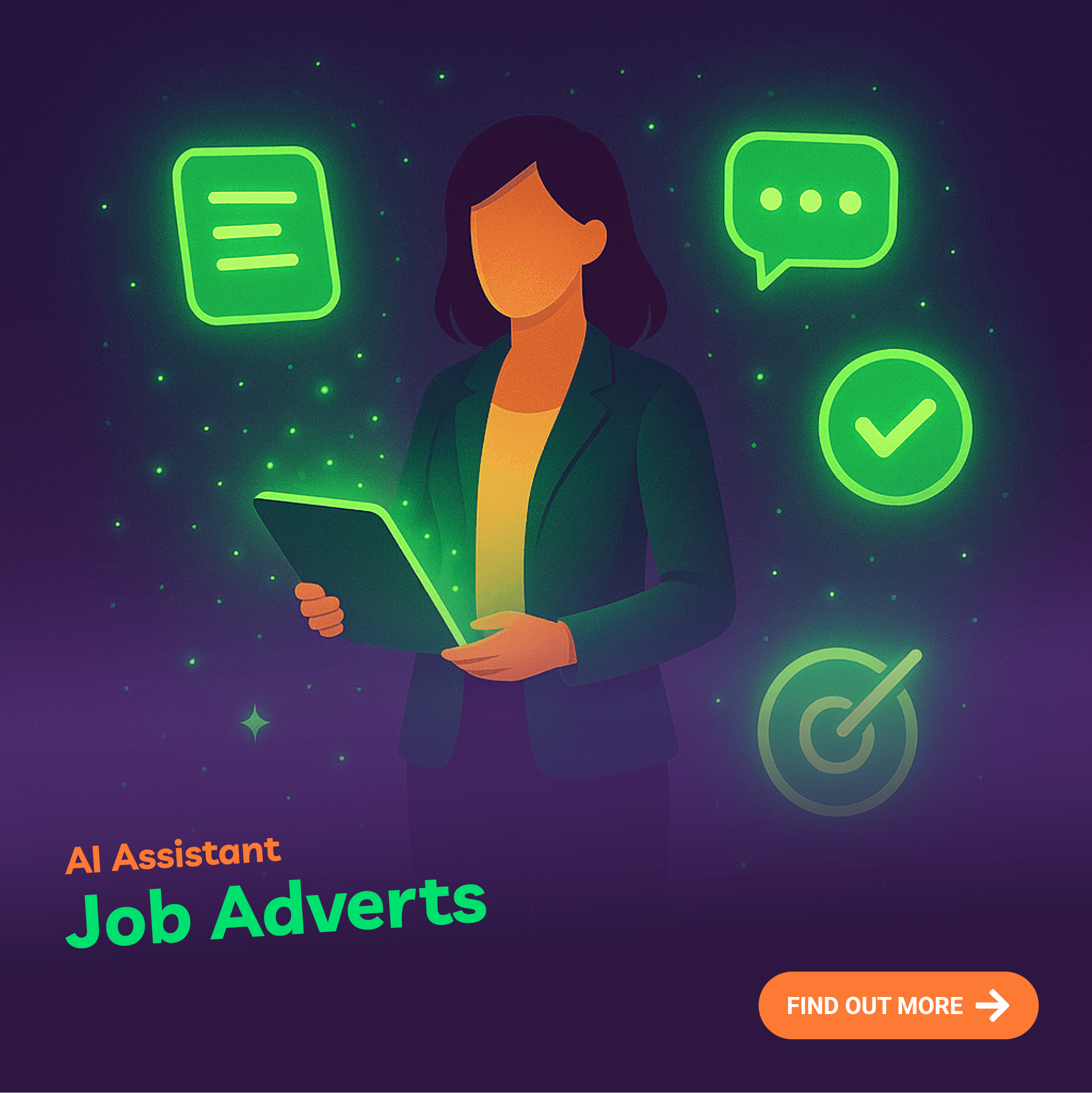 Illustration of a person holding a tablet with AI assistant job adverts text and icons on a dark background