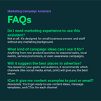 FAQs about a Marketing Campaign Assistant on a dark background
