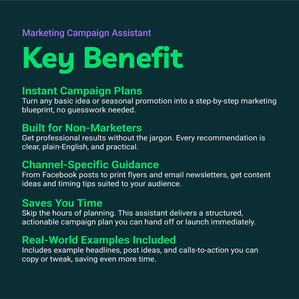 List of key benefits of a Marketing Campaign Assistant on a dark background