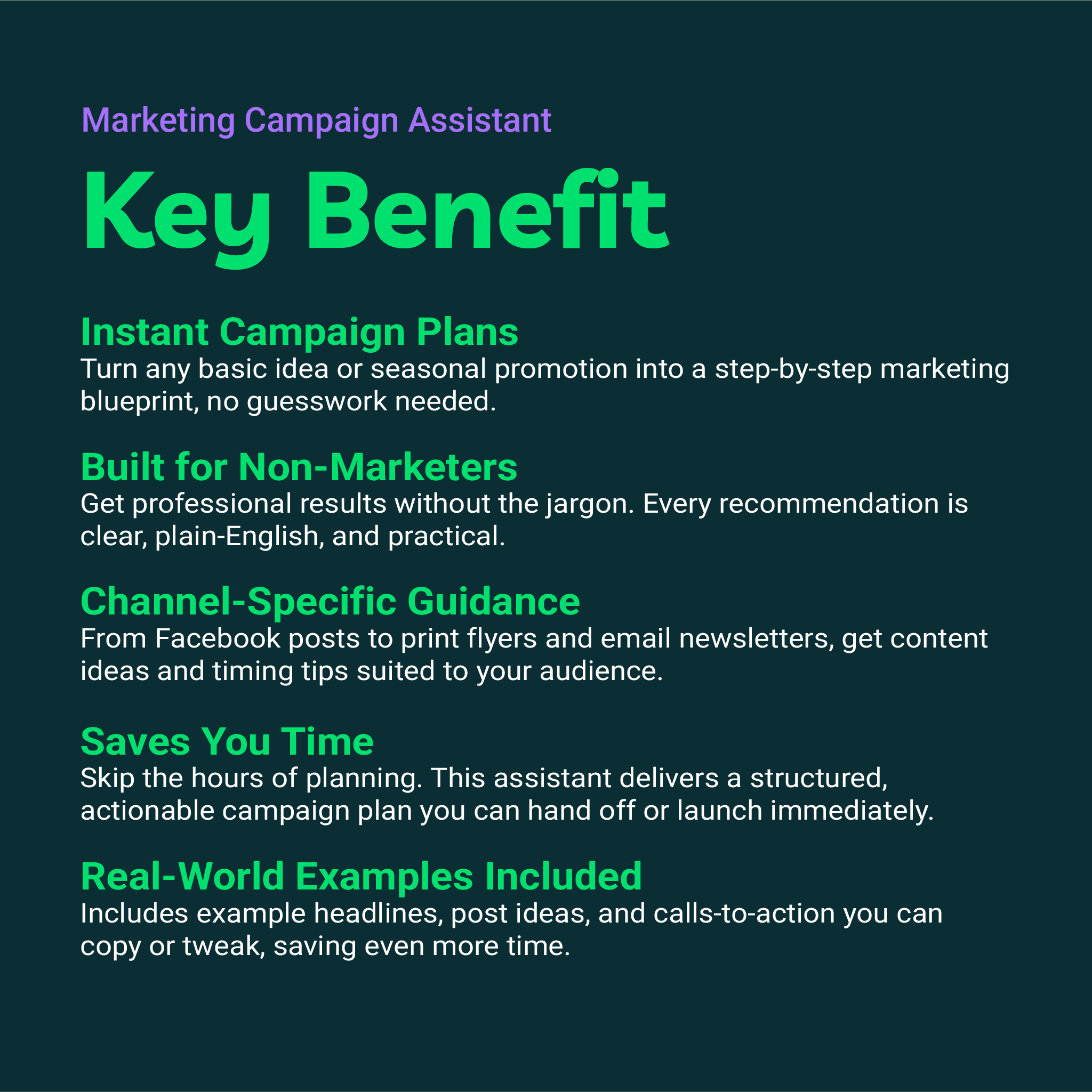 List of key benefits of a Marketing Campaign Assistant on a dark background