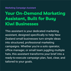 Promotional text for a marketing campaign assistant service on a dark blue background