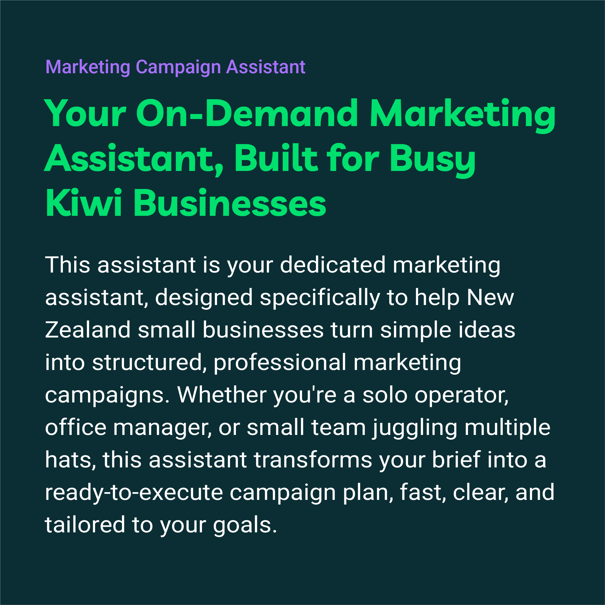 Promotional text for a marketing campaign assistant service on a dark blue background