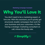 Promotional text for SimplifyAI's Marketing Campaign Assistant on a dark green background