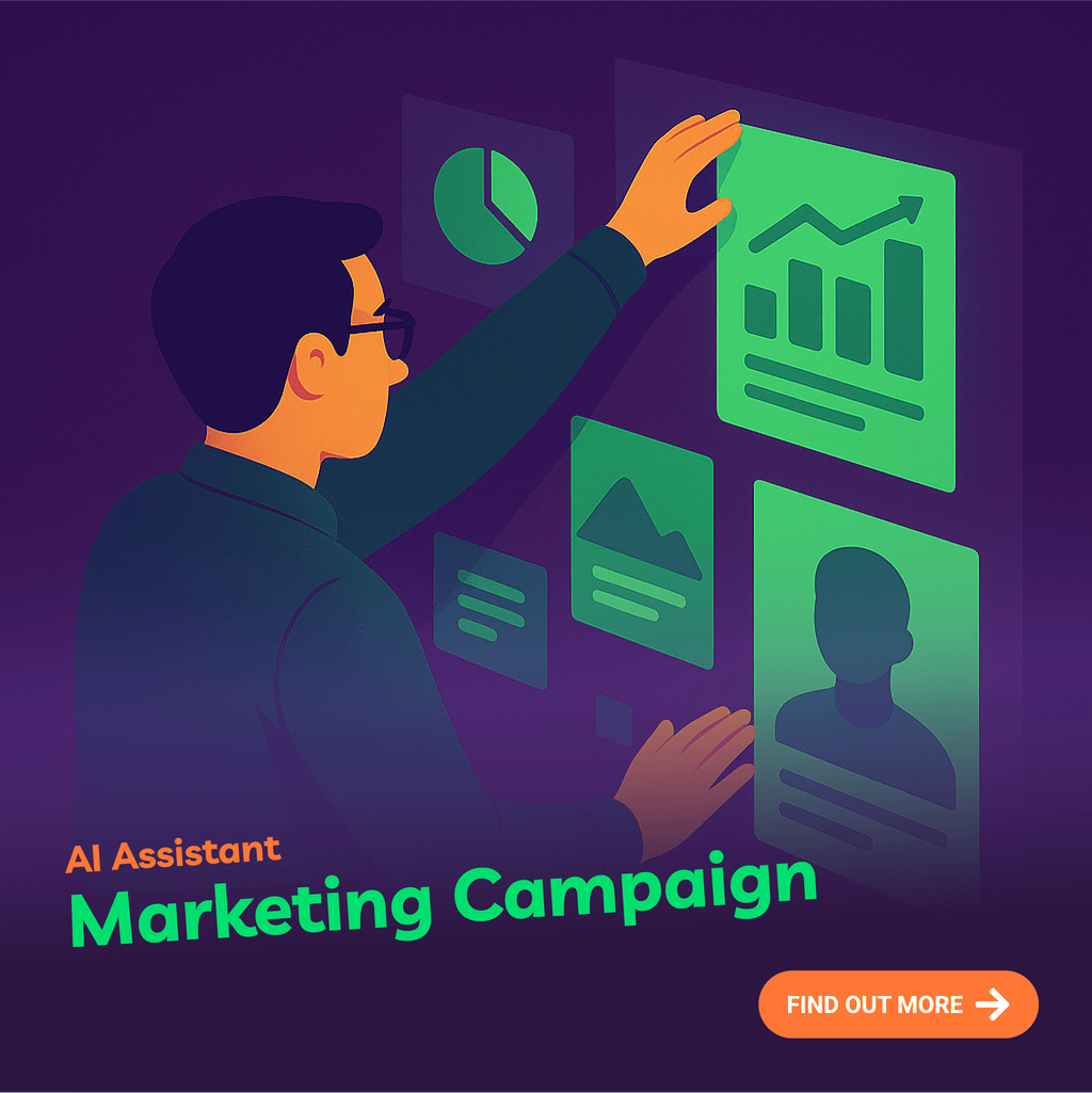 Illustration of a person interacting with digital interfaces on a screen, with text about an AI assistant for marketing campaigns.