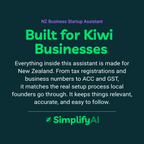 Promotional text for SimplifyAI NZ Business Startup Assistant on a dark green background