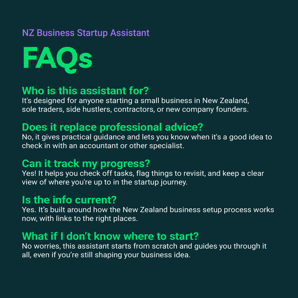 FAQs for NZ Business Startup Assistant on a dark background