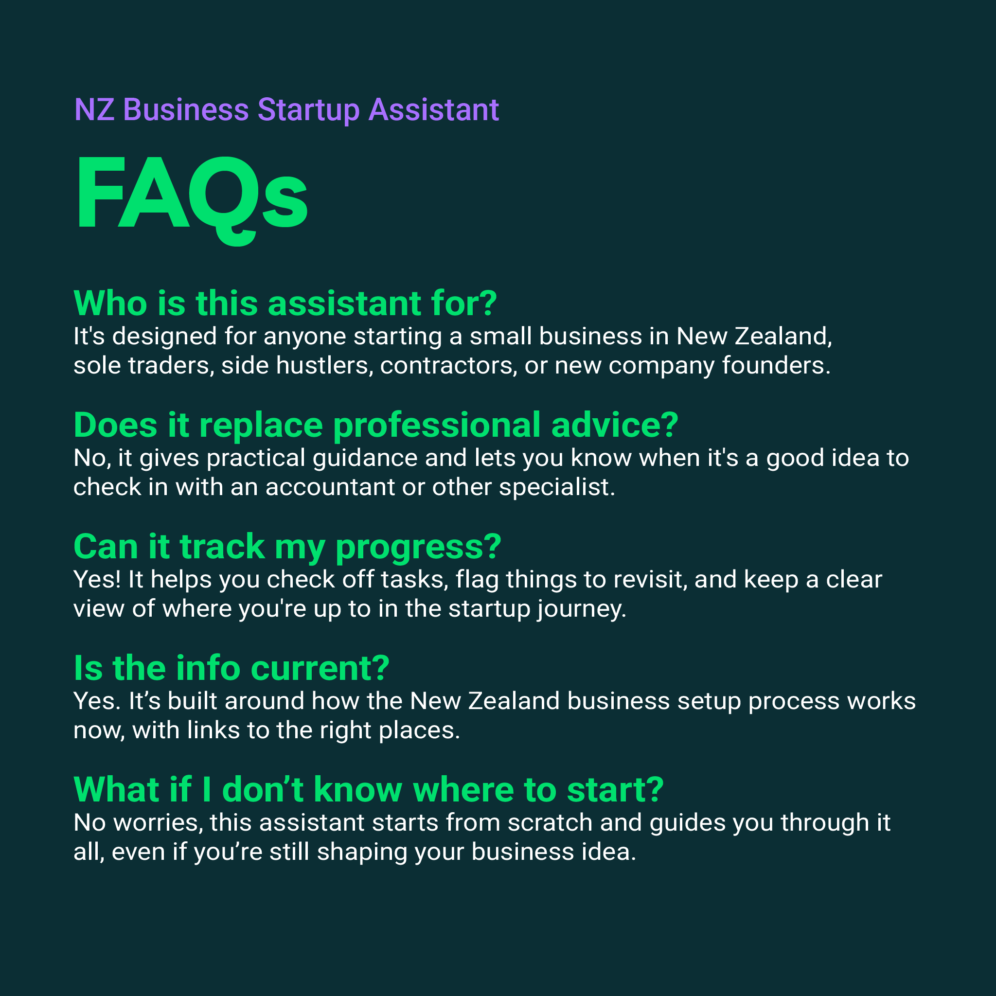 FAQs for NZ Business Startup Assistant on a dark background