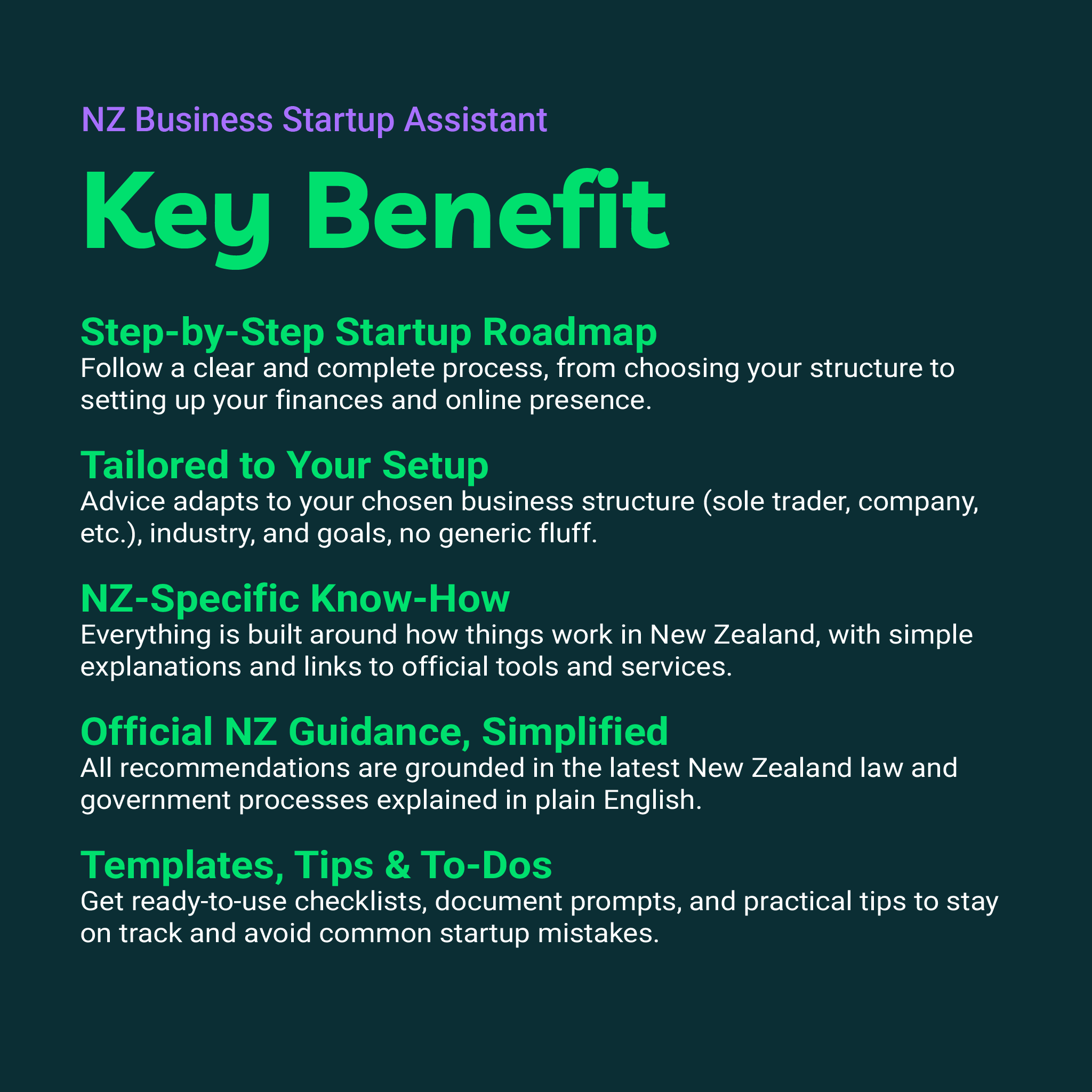 NZ Business Startup Assistant key benefits on a dark background
