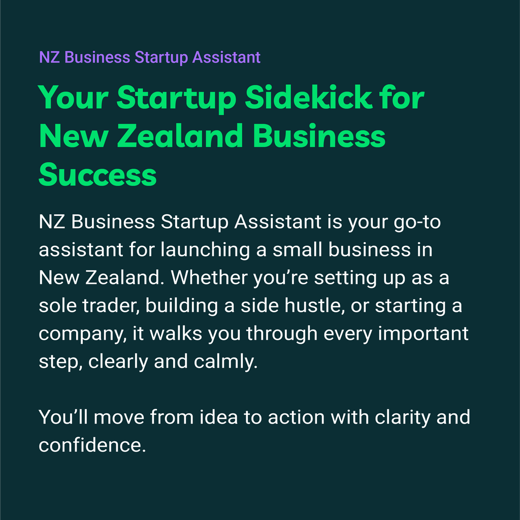 Promotional text for NZ Business Startup Assistant on a dark blue background