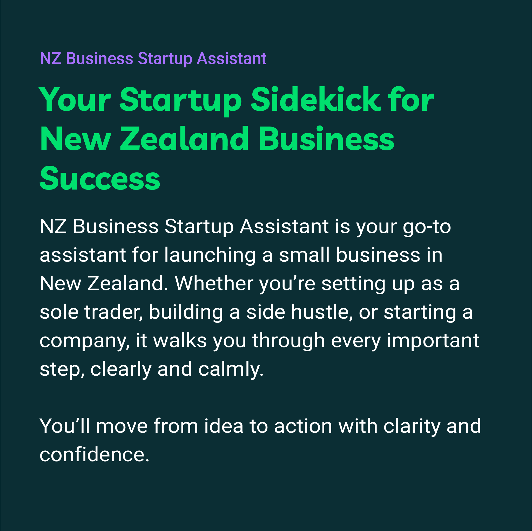 Promotional text for NZ Business Startup Assistant on a dark blue background