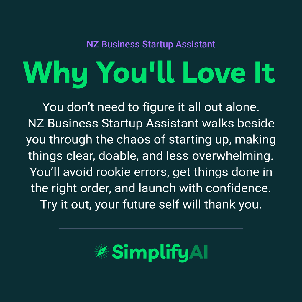 Promotional text for NZ Business Startup Assistant by SimplifyAI on a dark green background