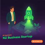 Man in a suit looking at a glowing green rocket on a desk with text about NZ Business Startup.