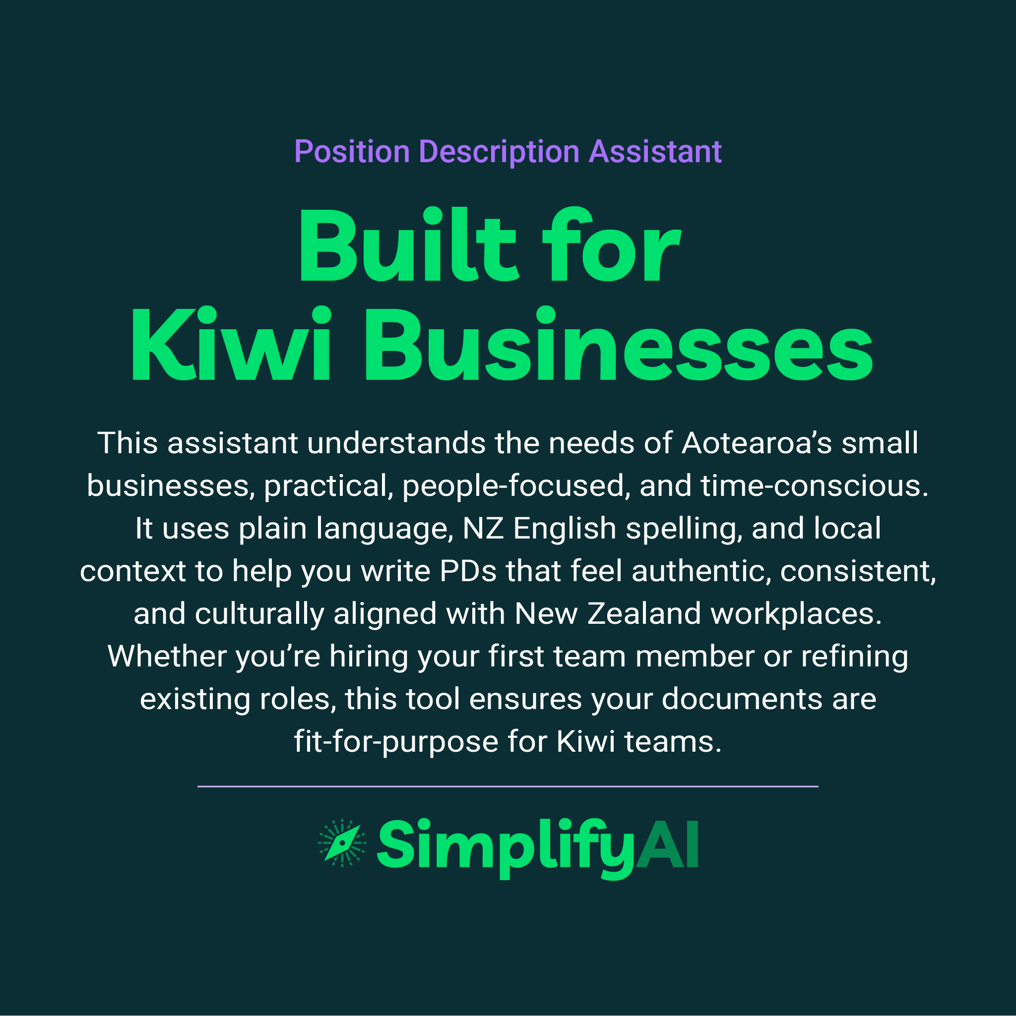 Promotional text for SimplifyAI Position Description Assistant on a dark background