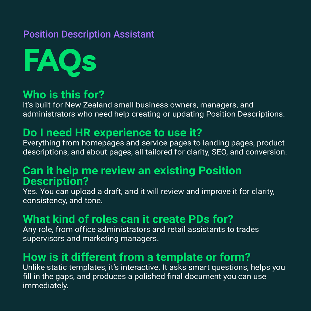 FAQs section about Position Description Assistant for New Zealand small businesses on a dark background