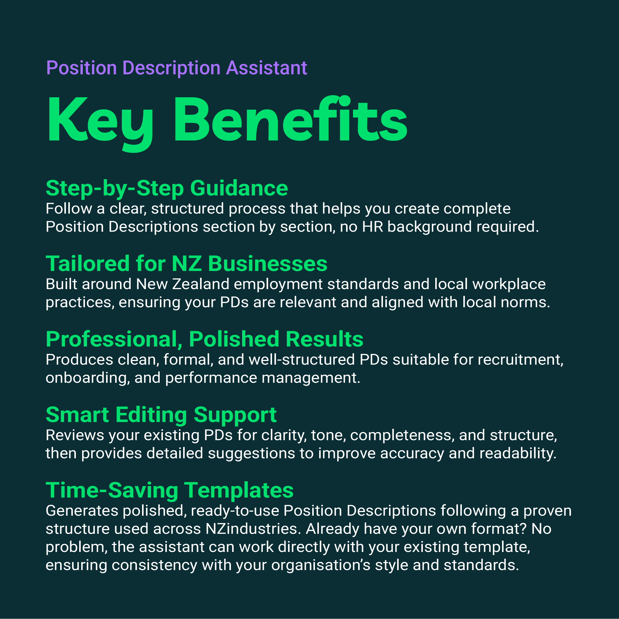 Key benefits of a Position Description Assistant service on a dark background