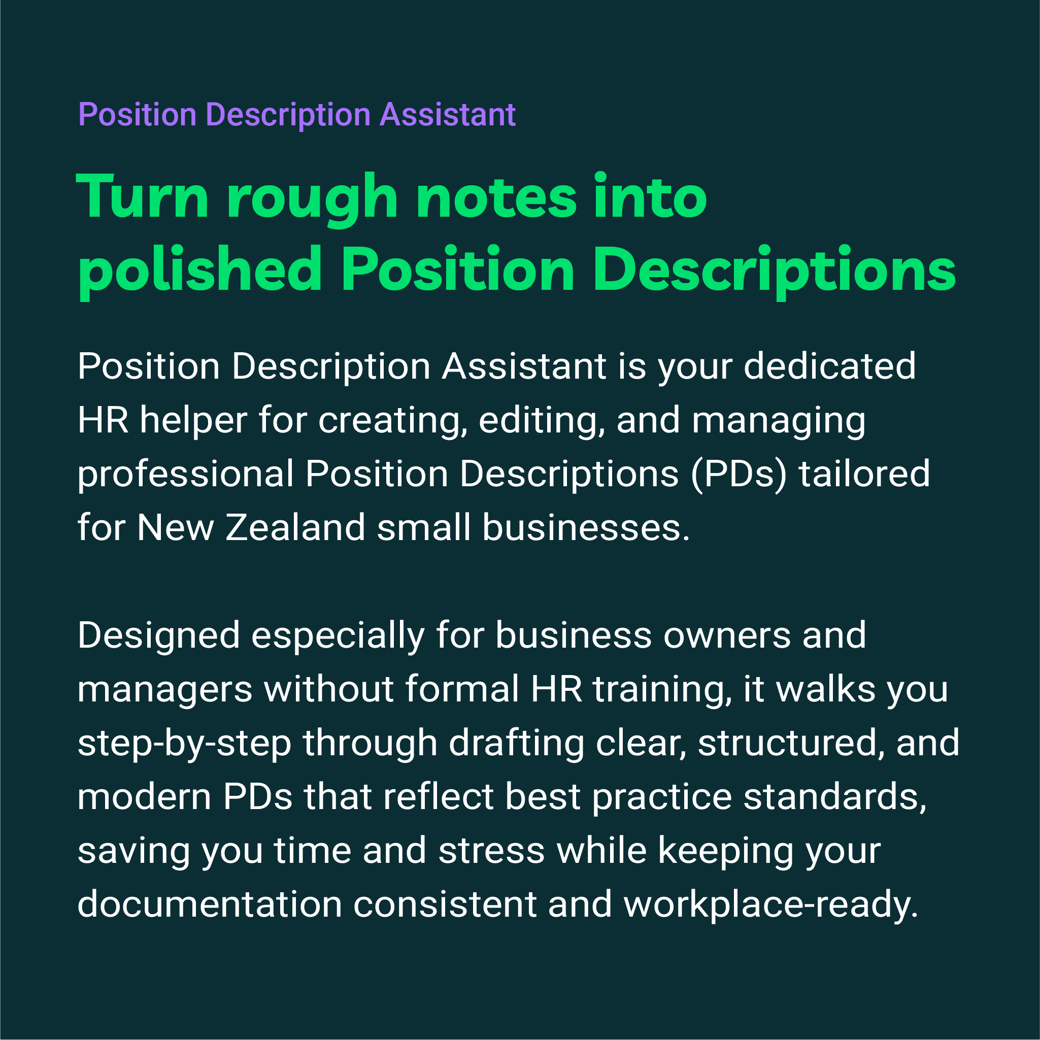 Promotional text for Position Description Assistant on a dark blue background
