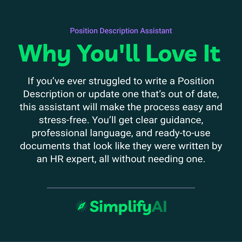 Promotional text for SimplifyAI Position Description Assistant on a dark green background