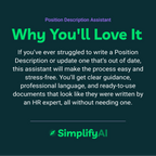 Promotional text for SimplifyAI Position Description Assistant on a dark green background