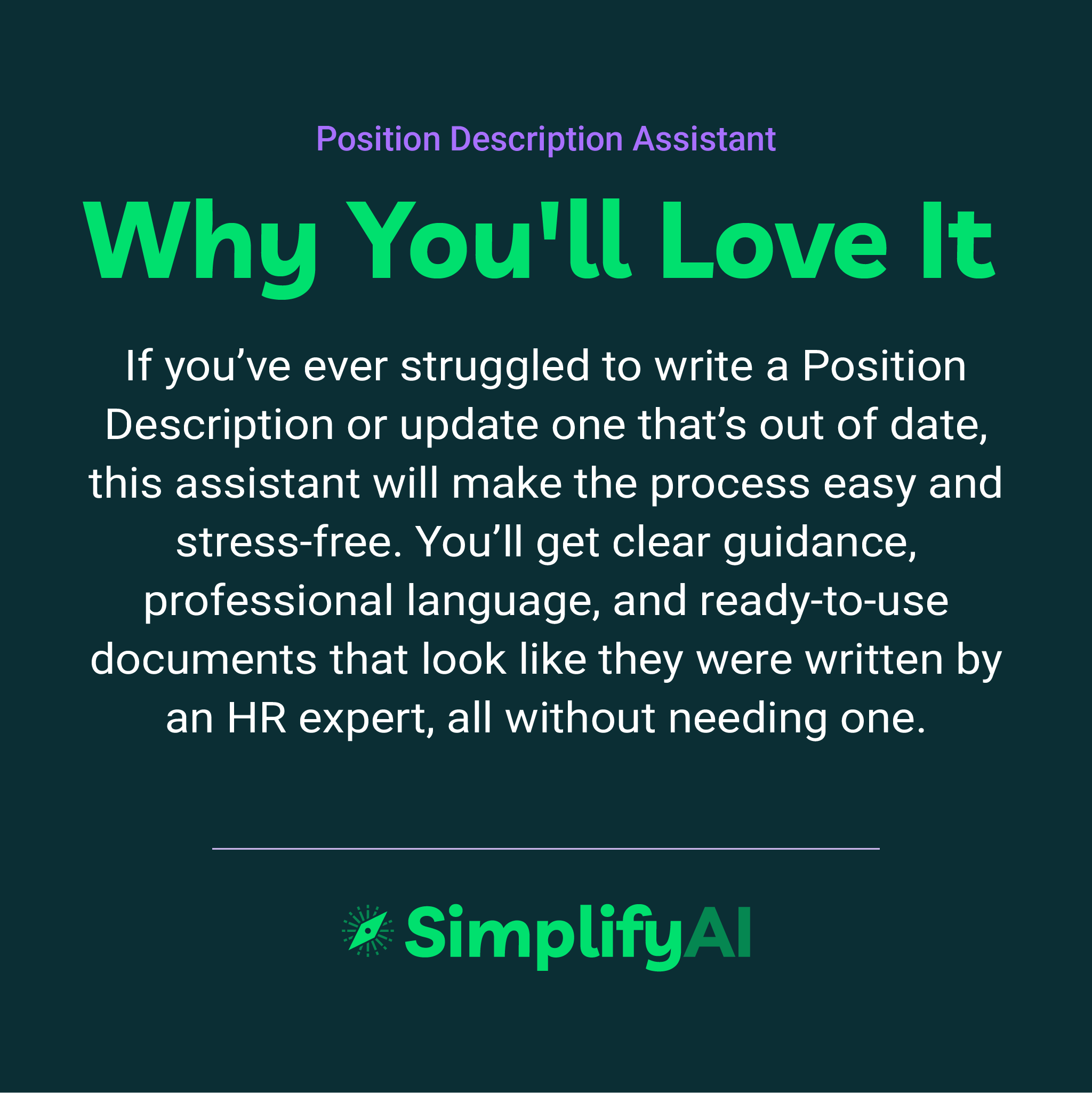 Promotional text for SimplifyAI Position Description Assistant on a dark green background