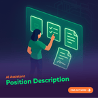 Illustration of a person interacting with digital interfaces on a dark background, with text about an AI assistant position description.