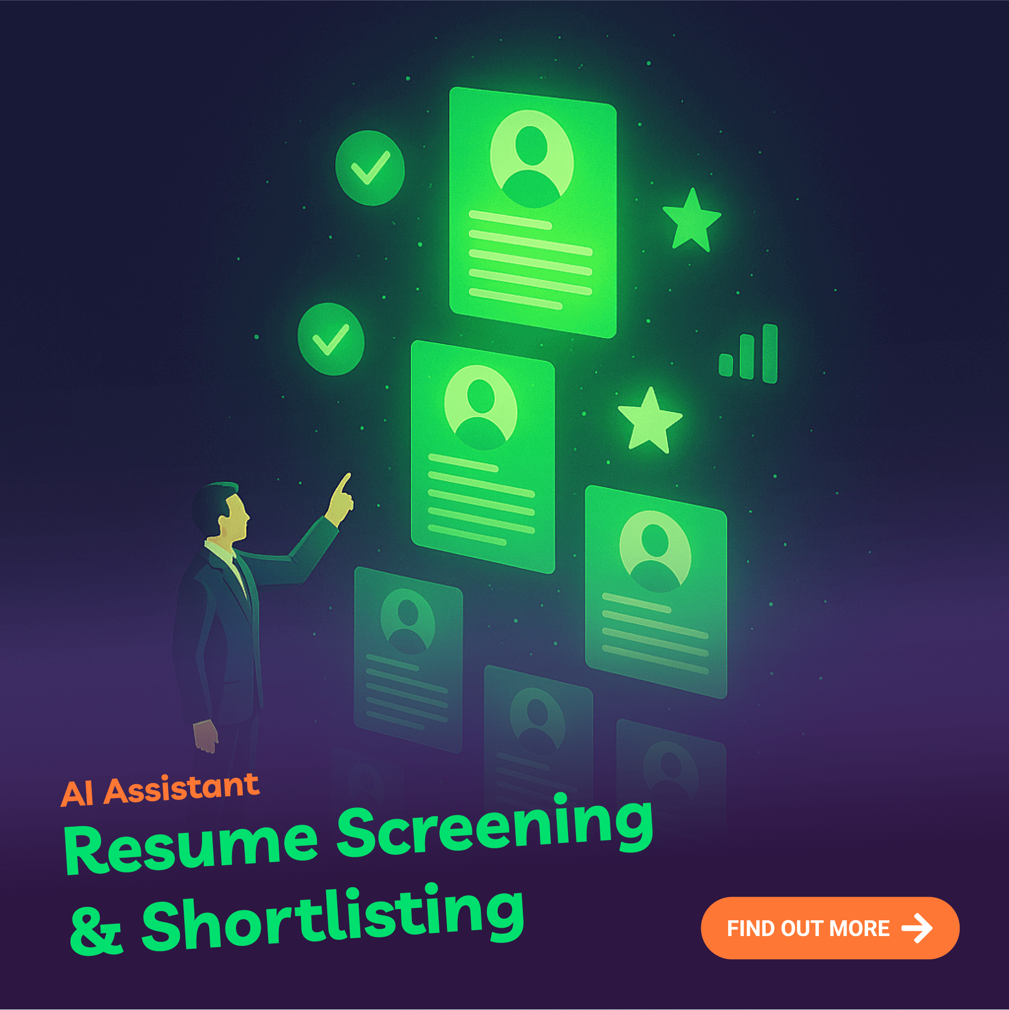 AI Assistant for resume screening and shortlisting with glowing green icons on a dark background