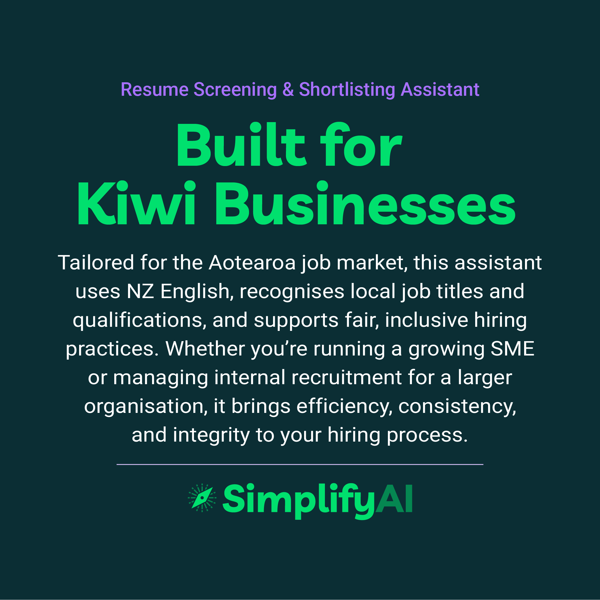 Promotional text for SimplifyAI's resume screening assistant on a dark background