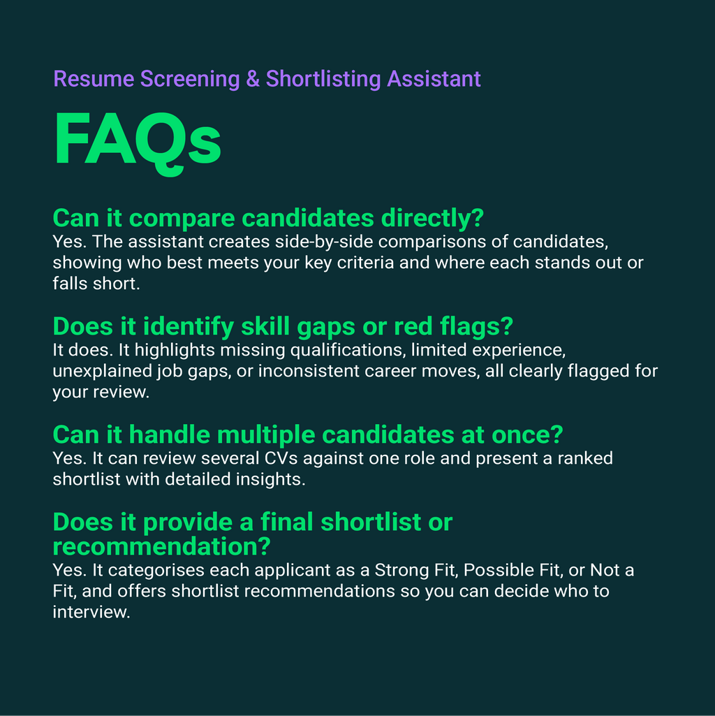 FAQs section about a resume screening and shortlisting assistant on a dark background