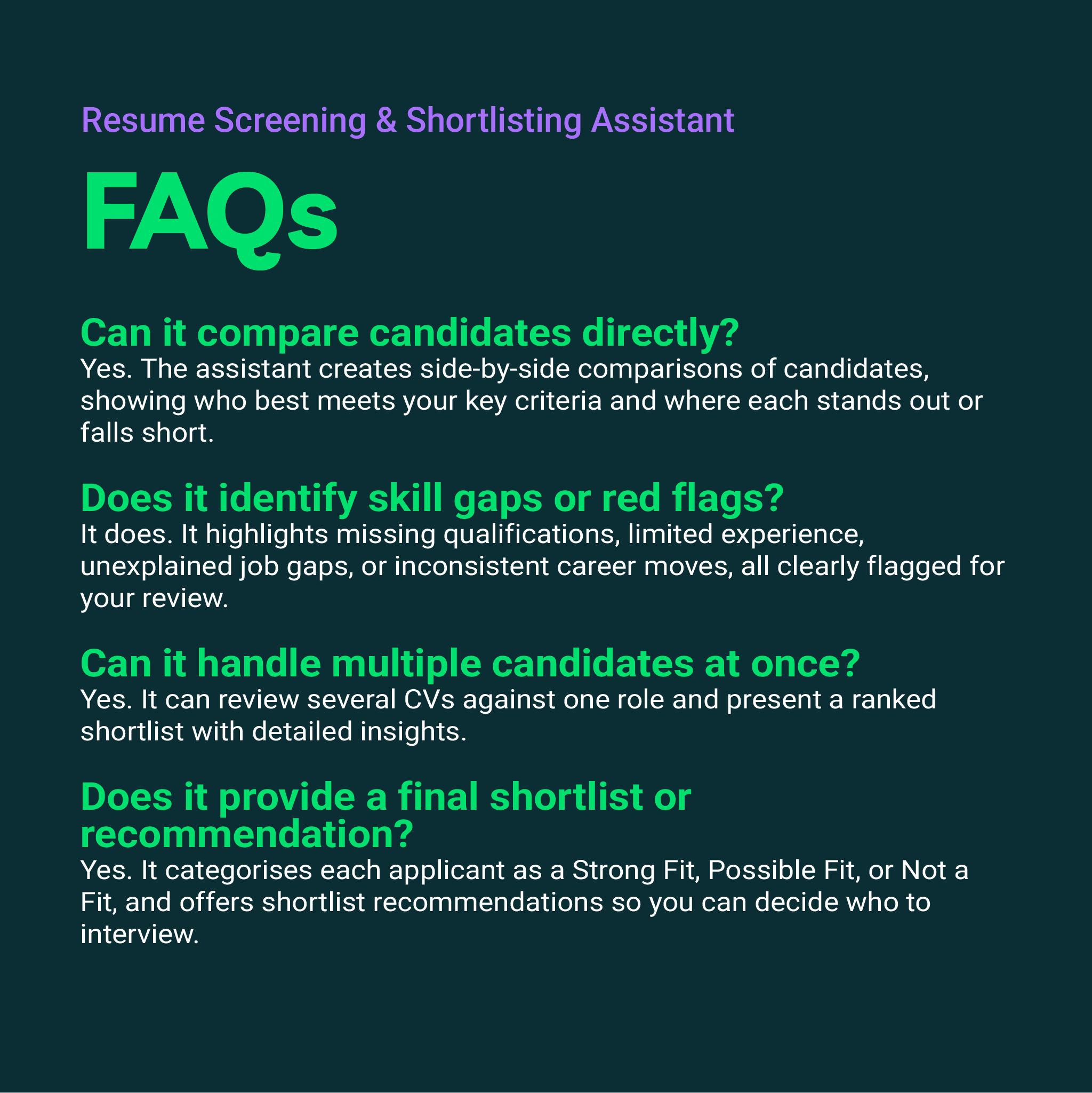 FAQs section about a resume screening and shortlisting assistant on a dark background