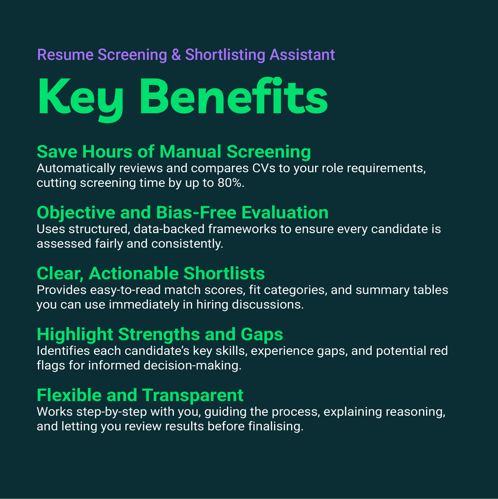 Key benefits of a resume screening and shortlisting assistant on a dark background