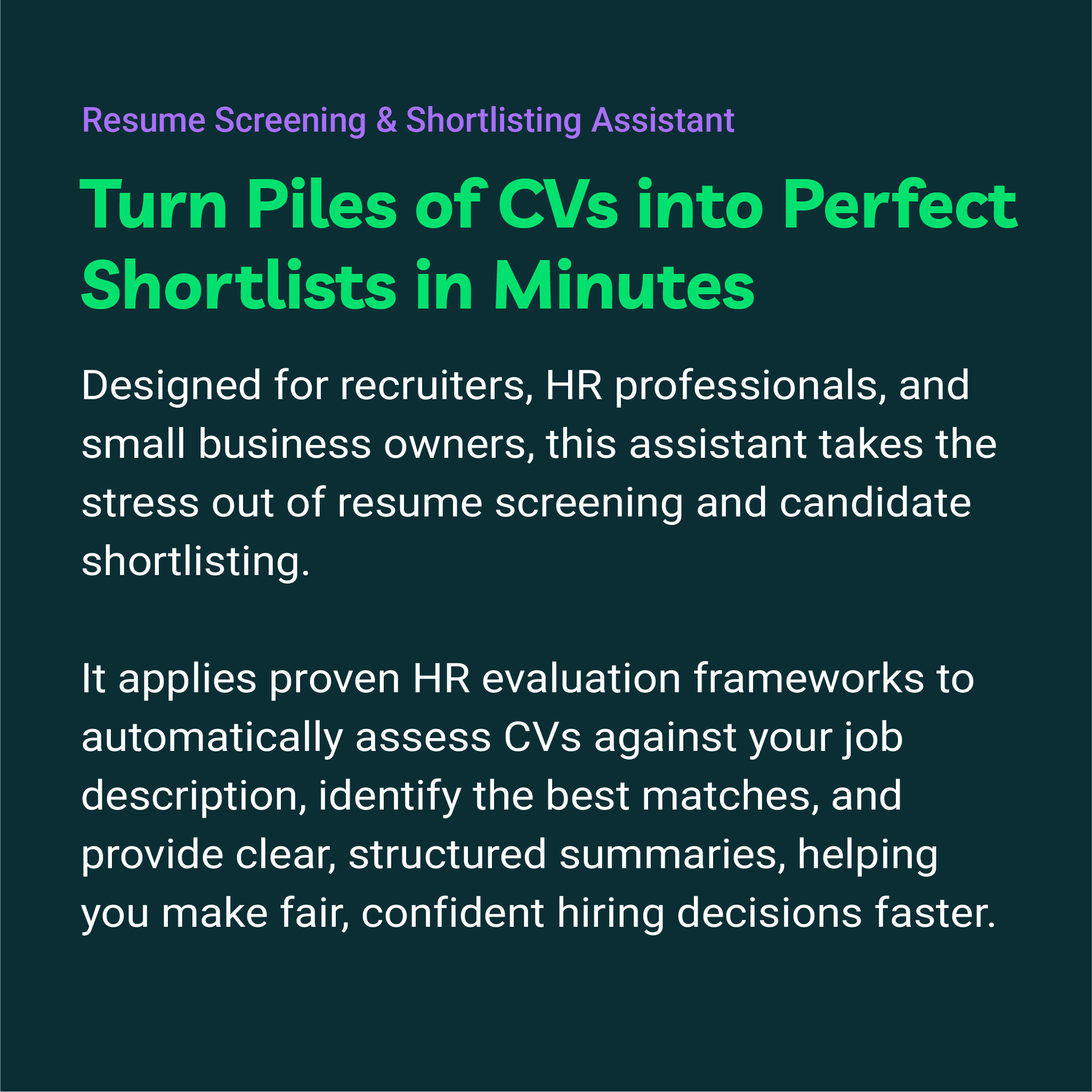 Promotional text for a resume screening and shortlisting assistant on a dark background