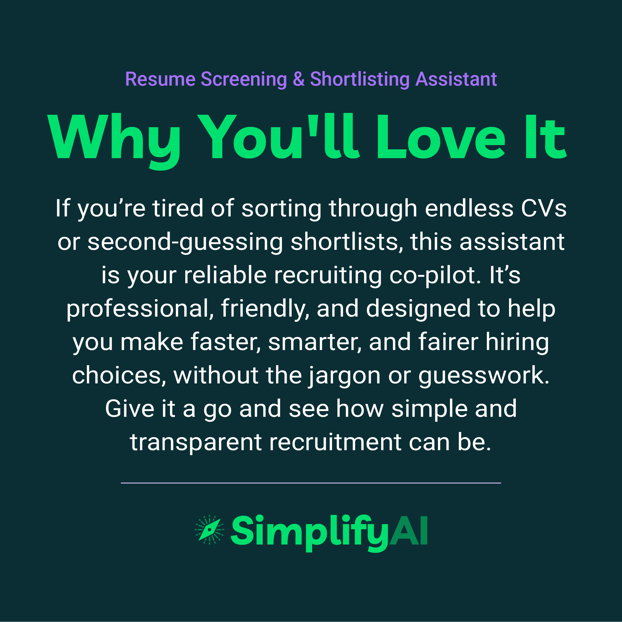 Promotional text for SimplifyAI's resume screening and shortlisting assistant on a dark background.