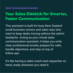 Text description of a sales communication assistant on a dark blue background