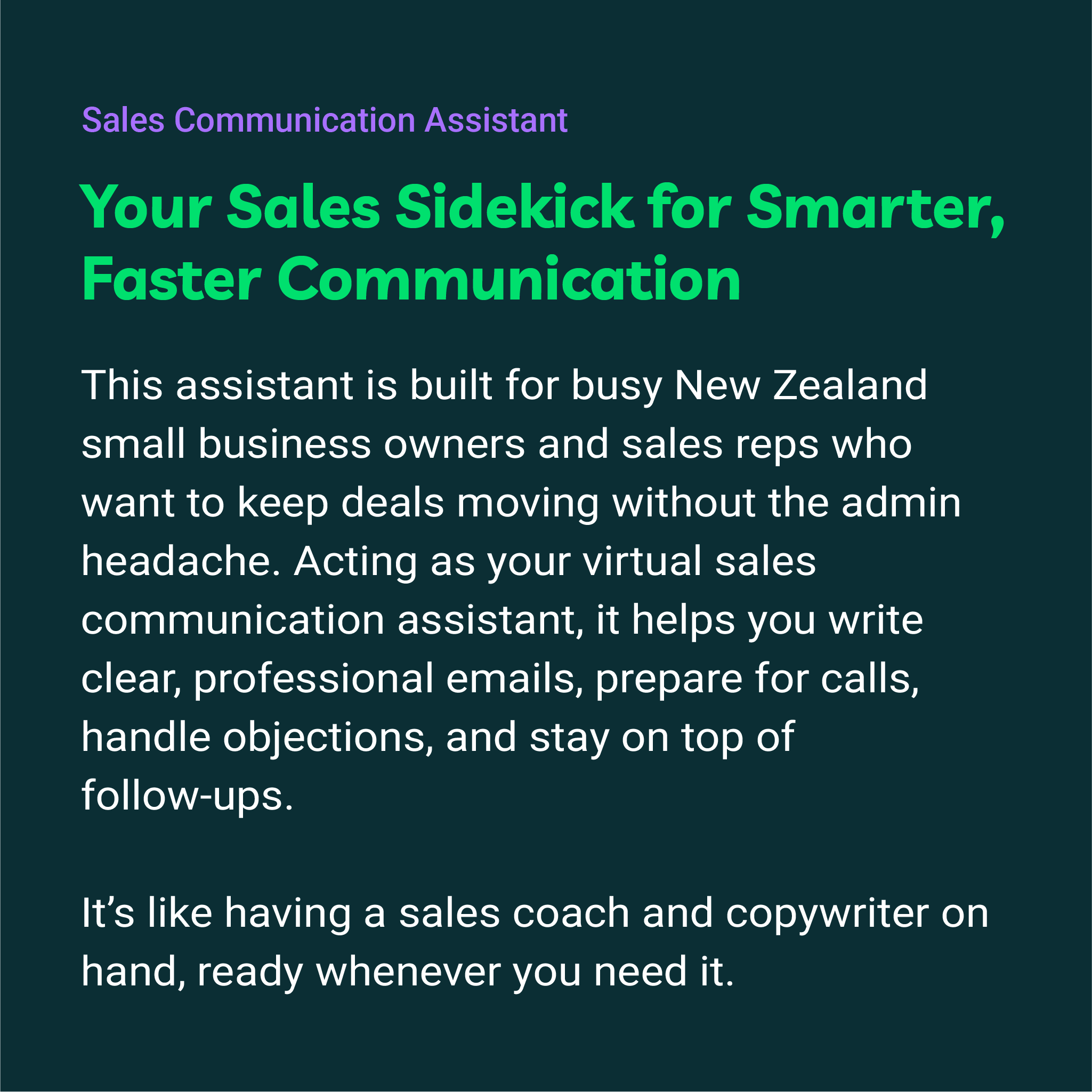 Text description of a sales communication assistant on a dark blue background