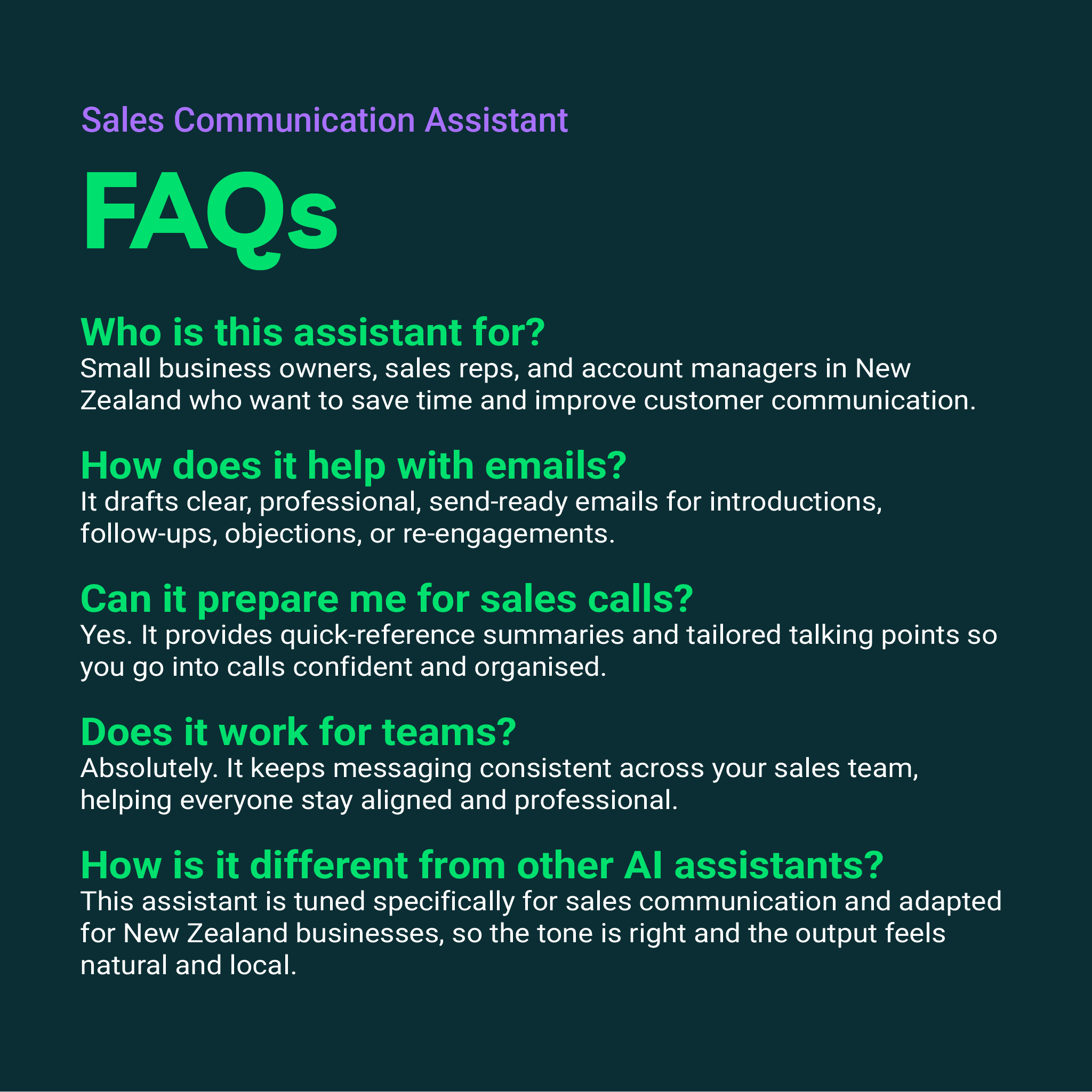 FAQs about a Sales Communication Assistant on a dark background