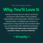 Promotional text for a Sales Communication Assistant with SimplifyAI branding on a dark background.