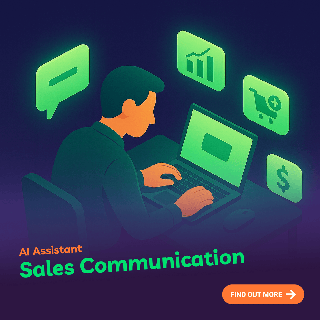 Illustration of a person using a laptop with AI Assistant and Sales Communication text on a dark background.