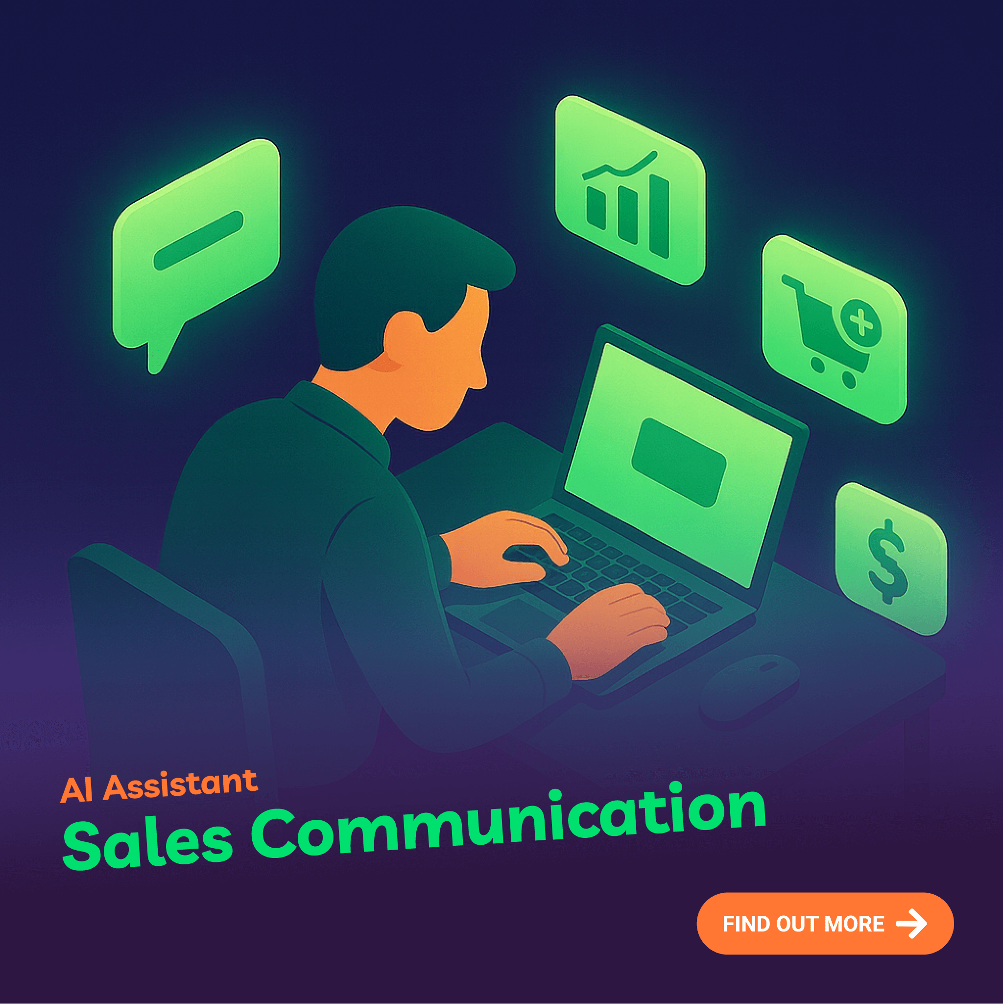 Illustration of a person using a laptop with AI Assistant and Sales Communication text on a dark background.