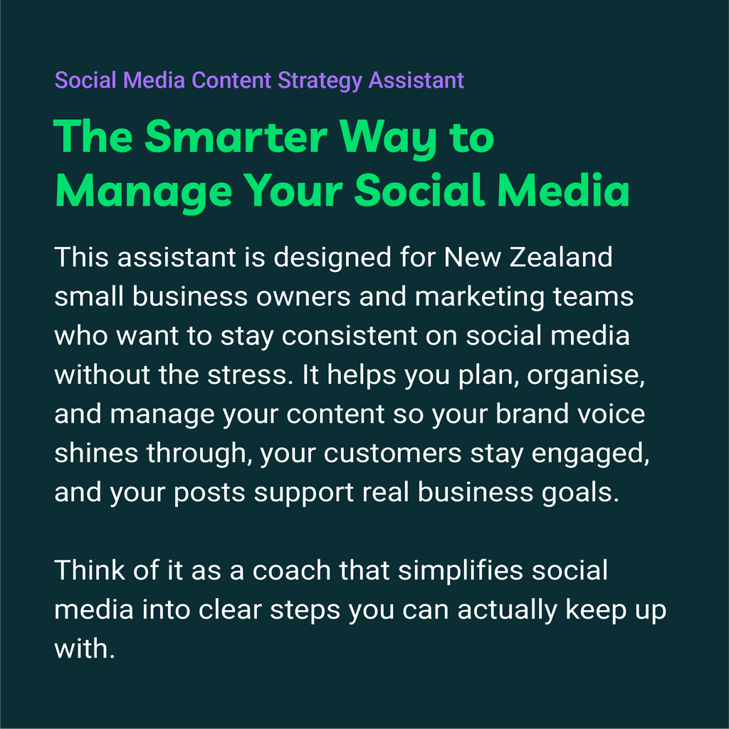 Text description of a social media content strategy assistant on a dark green background