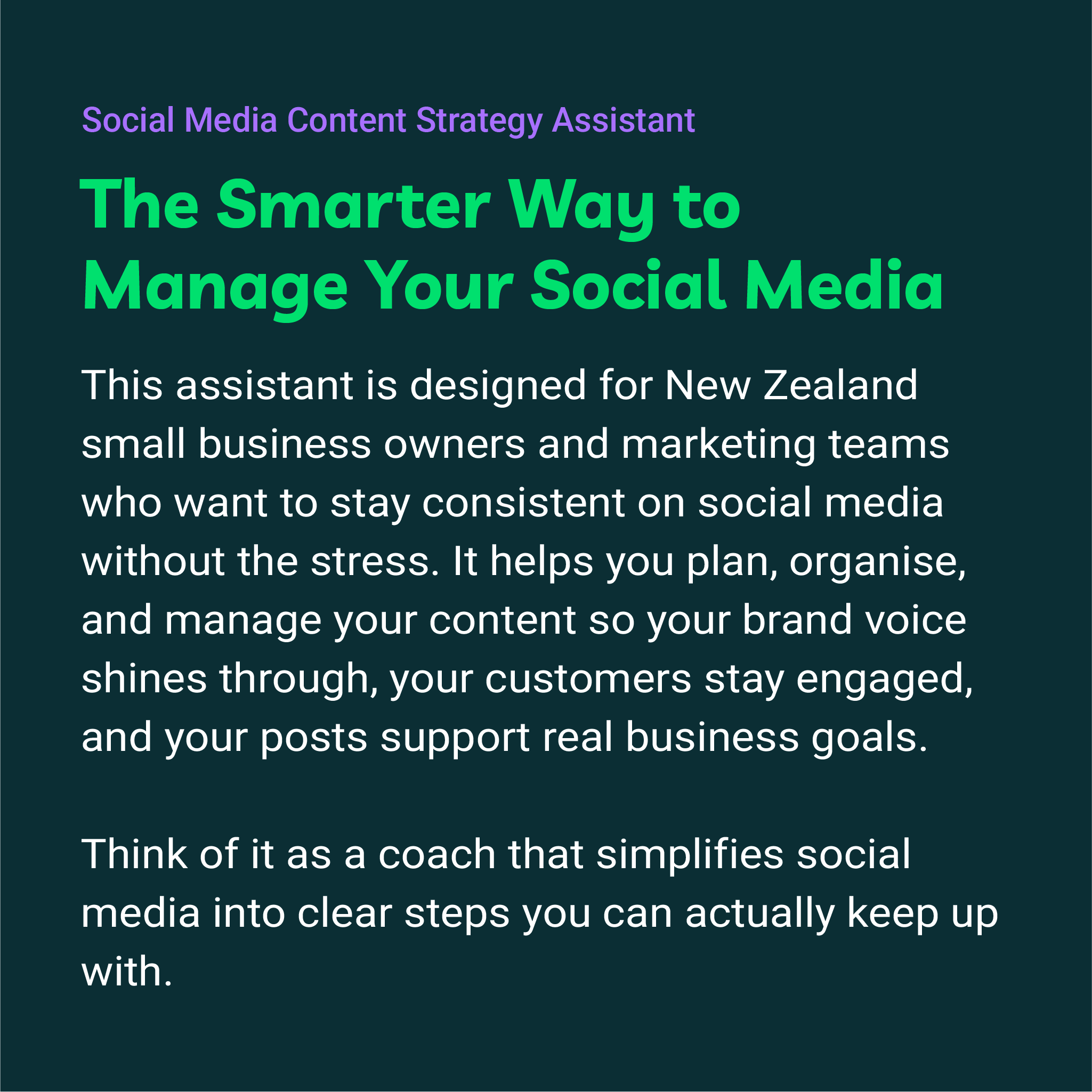 Text description of a social media content strategy assistant on a dark green background