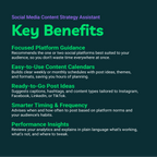 Key benefits of a Social Media Content Strategy Assistant on a dark background