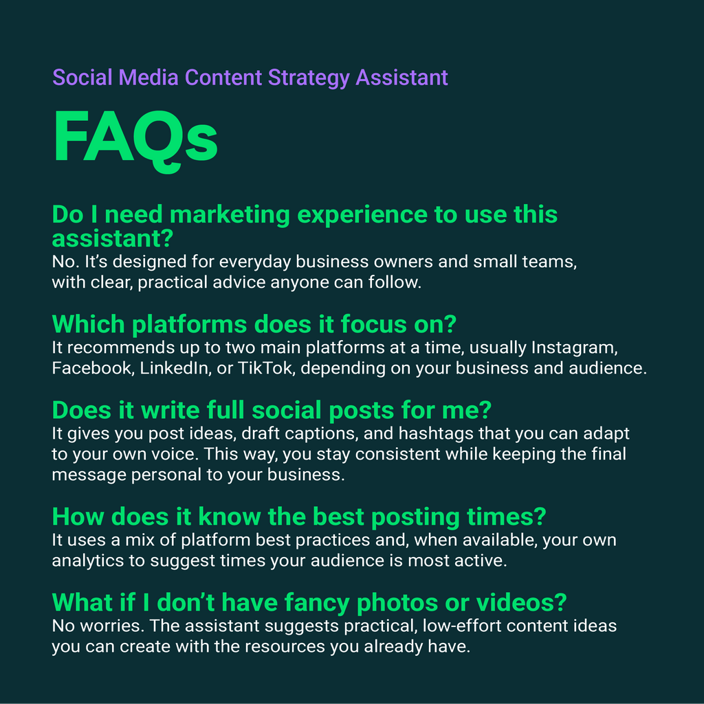 FAQs about a social media content strategy assistant on a dark background