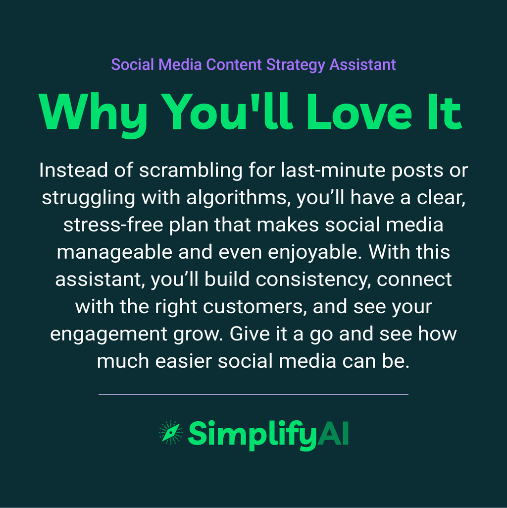 Promotional text for SimplifyAI Social Media Content Strategy Assistant on a dark background